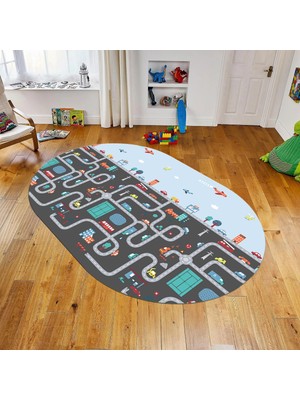 Viyana Home Dijital Baskılı Kaymaz Taban Yıkanabilir Oval Çocuk Odası Oyun Halısı, V-O-Çocuk-19-Antrasit,