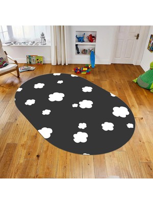 Viyana Home Dijital Baskılı Kaymaz Taban Yıkanabilir Oval Çocuk Odası Oyun Halısı, V-O-Çocuk-08-Antrasit,