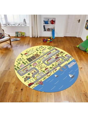 Viyana Home Dijital Baskılı Kaymaz Taban Yıkanabilir Yuvarlak Çocuk Odası Oyun Halısı, V-Y-Çocuk-07-Sarı,