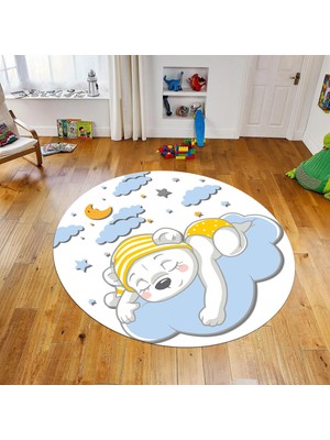 Viyana Home Dijital Baskılı Kaymaz Taban Yıkanabilir Yuvarlak Çocuk Odası Oyun Halısı, V-Y-Çocuk-34-Mavi,