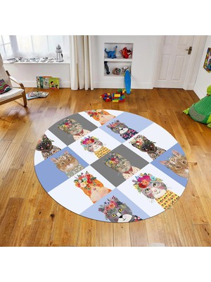 Viyana Home Dijital Baskılı Kaymaz Taban Yıkanabilir Yuvarlak Çocuk Odası Oyun Halısı, V-Y-Çocuk-11-Mavi,