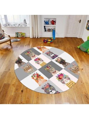 Viyana Home Dijital Baskılı Kaymaz Taban Yıkanabilir Yuvarlak Çocuk Odası Oyun Halısı, V-Y-Çocuk-11-Gri,