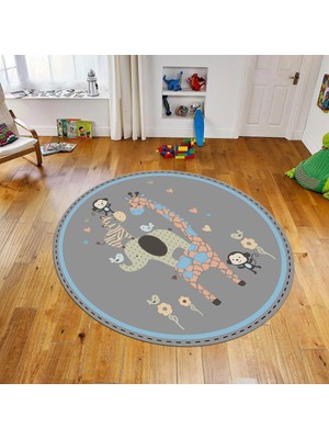 Viyana Home Dijital Baskılı Kaymaz Taban Yıkanabilir Yuvarlak Çocuk Odası Oyun Halısı, V-Y-Çocuk-21-Gri,