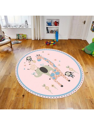 Viyana Home Dijital Baskılı Kaymaz Taban Yıkanabilir Yuvarlak Çocuk Odası Oyun Halısı, V-Y-Çocuk-21-Pembe,