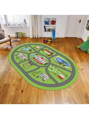 Viyana Home Dijital Baskılı Kaymaz Taban Yıkanabilir Oval Çocuk Odası Oyun Halısı, V-O-Çocuk-02-Yeşil,
