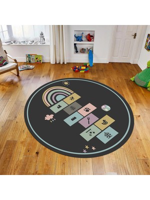 Viyana Home Dijital Baskılı Kaymaz Taban Yıkanabilir Yuvarlak Çocuk Odası Oyun Halısı, V-Y-Çocuk-31-Antrasit,