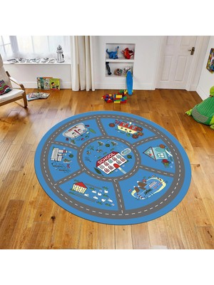 Viyana Home Dijital Baskılı Kaymaz Taban Yıkanabilir Yuvarlak Çocuk Odası Oyun Halısı, V-Y-Çocuk-02-Mavi,