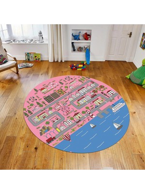Viyana Home Dijital Baskılı Kaymaz Taban Yıkanabilir Yuvarlak Çocuk Odası Oyun Halısı, V-Y-Çocuk-07-Pembe,