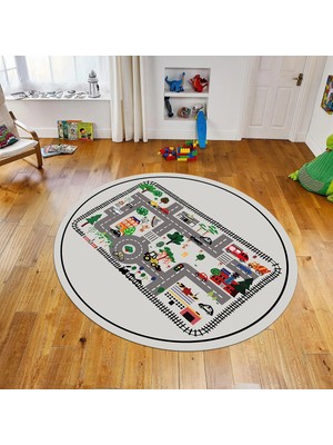 Viyana Home Dijital Baskılı Kaymaz Taban Yıkanabilir Yuvarlak Çocuk Odası Oyun Halısı, V-Y-Çocuk-46-Gri,