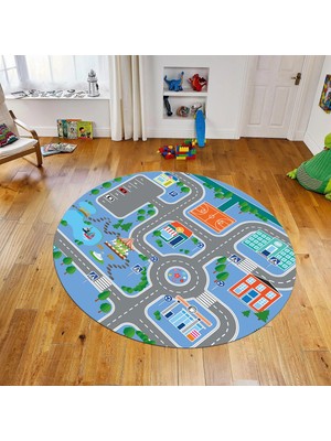 Viyana Home Dijital Baskılı Kaymaz Taban Yıkanabilir Yuvarlak Çocuk Odası Oyun Halısı, V-Y-Çocuk-47-Mavi,