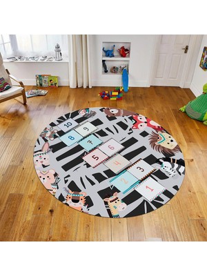 Viyana Home Dijital Baskılı Kaymaz Taban Yıkanabilir Yuvarlak Çocuk Odası Oyun Halısı, V-Y-Çocuk-28-Antrasit,