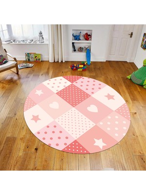 Viyana Home Dijital Baskılı Kaymaz Taban Yıkanabilir Yuvarlak Çocuk Odası Oyun Halısı, V-Y-Çocuk-10-Pembe,