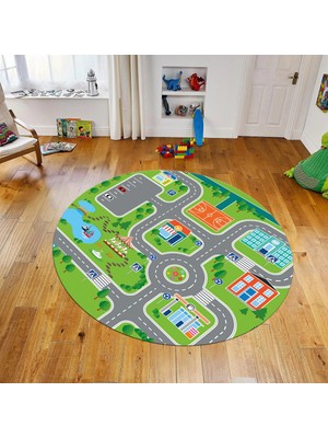 Viyana Home Dijital Baskılı Kaymaz Taban Yıkanabilir Yuvarlak Çocuk Odası Oyun Halısı, V-Y-Çocuk-47-Yeşil,