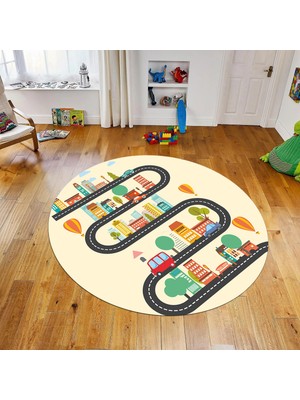 Viyana Home Dijital Baskılı Kaymaz Taban Yıkanabilir Yuvarlak Çocuk Odası Oyun Halısı, V-Y-Çocuk-18-Krem,