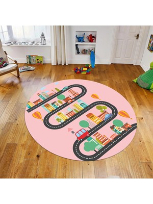 Viyana Home Dijital Baskılı Kaymaz Taban Yıkanabilir Yuvarlak Çocuk Odası Oyun Halısı, V-Y-Çocuk-18-Pembe,