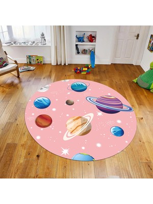 Viyana Home Dijital Baskılı Kaymaz Taban Yıkanabilir Yuvarlak Çocuk Odası Oyun Halısı, V-Y-Çocuk-38-Pembe,