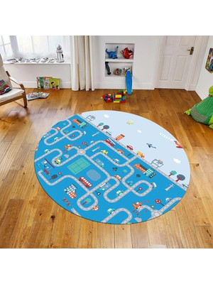 Viyana Home Dijital Baskılı Kaymaz Taban Yıkanabilir Yuvarlak Çocuk Odası Oyun Halısı, V-Y-Çocuk-19-Mavi,