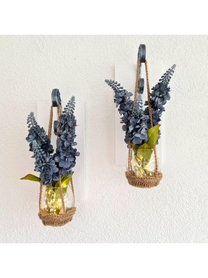 ST Dekor Duvar Dekoru, LED Işıklı, Mavi Şebboy Çiçekli, Beyaz Aplik Ikili Set