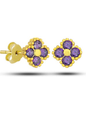 Serra Jewels Gümüş Gold Yonca Çivili Mor Taşlı Çocuk Küpe