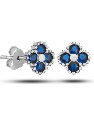Serra Jewels Gümüş Yonca Çivili Mavi Taşlı Çocuk Küpe