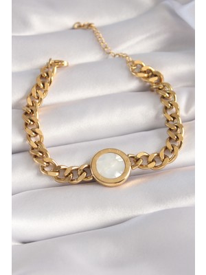 Clariss 316L Çelik Gold Renk Zincir Model Beyaz  Sedefli Işleme Detay Madalyon Model Kadın Bileklik