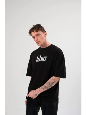 Tarz Yeri Bisiklet Yaka Baskılı Oversize T-Shirt Siyah