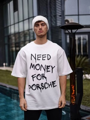 Tarz Yeri Bisiklet Yaka Baskılı Oversize T-Shirt Beyaz