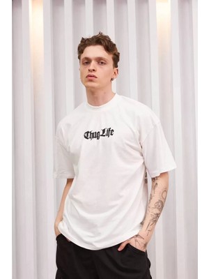 Tarz Yeri Bisiklet Yaka Baskılı Oversize T-Shirt Beyaz