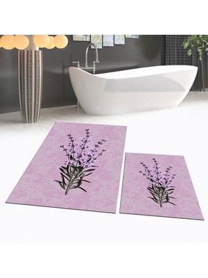 Viyana Home Dijital Baskılı Kaymaz Taban Yıkanabilir Ikili Banyo Paspas Klozet Takımı, V-Klozet-29-Pembe,