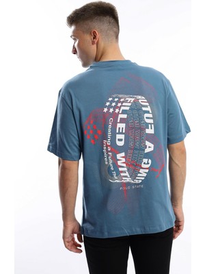 Polo State Erkek Oversize Fit Ön Arka Baskılı Basic Tişört Indigo