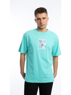 Polo State Erkek Oversize Fit Open Your Eyes Baskılı Tişört Turkuaz