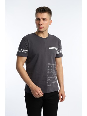 Polo State Erkek Ön Arka Baskılı Regular Tişört Gri