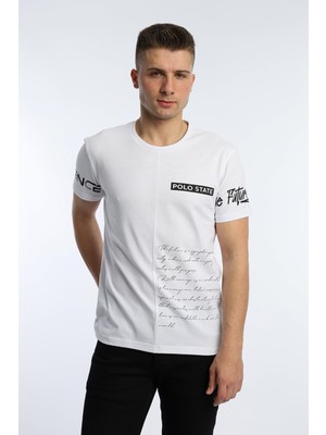 Polo State Erkek Ön Arka Baskılı Regular Tişört Beyaz