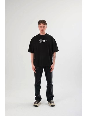 TeksAs Giyim Bisiklet Yaka Baskılı Oversize T-Shirt Siyah