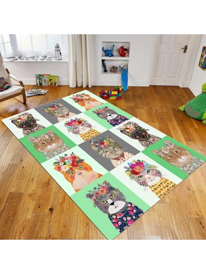 Viyana Home Dijital Baskılı Kaymaz Taban Yıkanabilir Çocuk Odası Oyun Halısı, V-Çocuk-11-Yeşil,