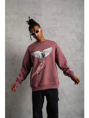 Mirage Erkek Güvercin Baskılı Sweatshirt - Gül Kurusu