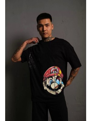 Mirage Erkek Mario Baskılı Oversize T-Shirt - Siyah