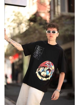 Mirage Erkek Mario Baskılı Oversize T-Shirt - Siyah