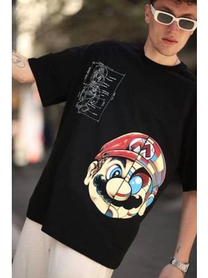 Mirage Erkek Mario Baskılı Oversize T-Shirt - Siyah