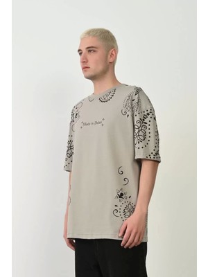 Mirage Baskılı Bisiklet Yaka Oversize T-Shirt - Boyalı Gri