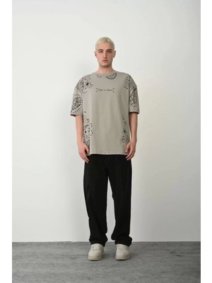 Mirage Baskılı Bisiklet Yaka Oversize T-Shirt - Boyalı Gri