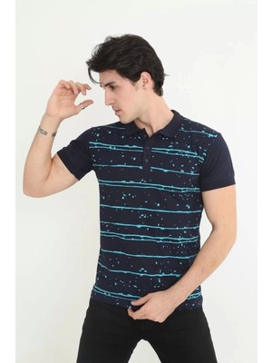 Mirage Erkek Yakalı Slim Fit Pike Çizgili T-Shirt - Lacivert