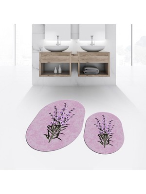 Viyana Home Dijital Baskılı Kaymaz Taban Yıkanabilir Oval Ikili Banyo Paspas Klozet Takımı, V-O-Klozet-29-Pembe,