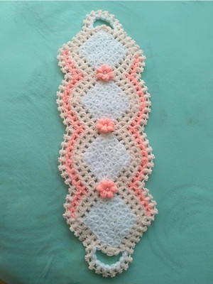Tülays Hand Craft El Örgüsü Beyaz Yavruağzı Çiçekli Uzun Banyo Lifi