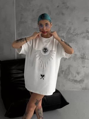 Stil Aura Unisex Bisiklet Yaka Baskılı Oversize T-Shirt - Beyaz