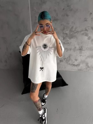 Stil Aura Unisex Bisiklet Yaka Baskılı Oversize T-Shirt - Beyaz