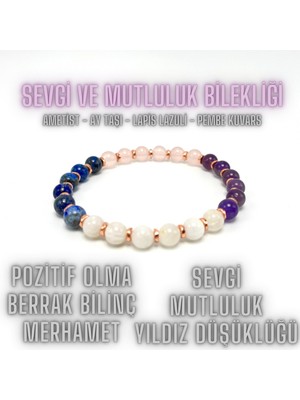 Yıldız Doğal Taş Sertifikalı Sevgi ve Mutluluk Bilekliği  Doğal Taş 6mm Misinalı Ay T. Pembe K. Lapis Ametist