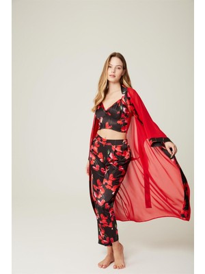 Loremp  Larow-Red Sifon Sabahlık Saten Pantolon Büstiyer Kırmızı