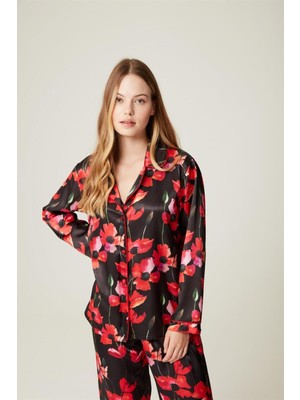 Loremp  Raina-Red Flower Saten Pijama Takım Siyah