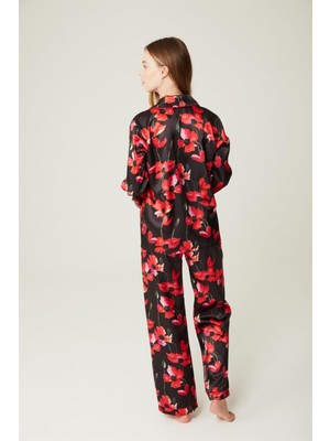 Loremp  Raina-Red Flower Saten Pijama Takım Siyah